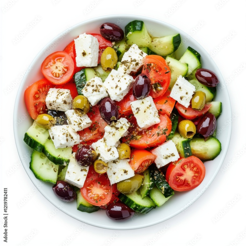 A refreshing Greek salad with tomatoes, cucumbers, olives A refreshing Greek salad with tomatoes, cucumbers, olives
