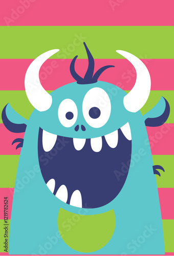 Colorful monster face with big eyes and horns in fun expression
