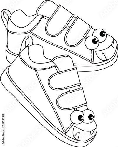 Playful monster face kids sneakers with velcro straps in black and white line drawing
