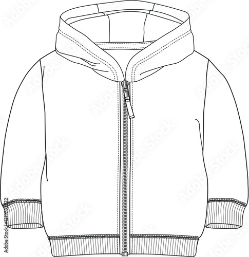 Technical line sketch of zip-up hoodie for kids with ribbed sleeves and hemline

