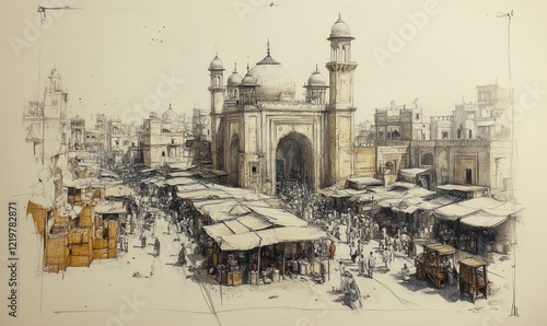 Busy marketplace scene with a prominent mosque. photo