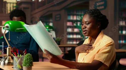 African american stressed scholar failing to comprehend and memorize lesson notes, struggling to learn the theory for her exam. Frustrated concerned university student at the library. Camera B.
