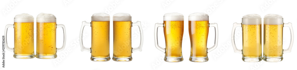 Two gleaming beer mugs filled with pale ale on a white surface, cut out collection pack Two gleaming beer mugs filled with pale ale on a white surface, cut out collection pack