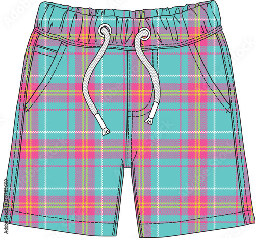 Colorful plaid shorts design with pastel stripes and drawstring waistband
