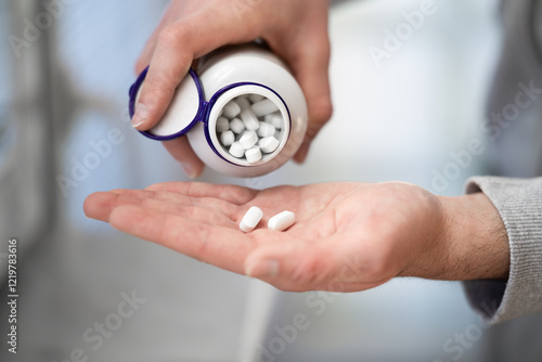 Close up of man's hands pouring tablets out of bottle