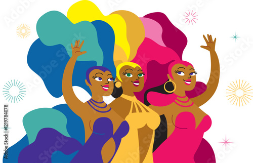 Carnival dancers. Carnival girls wearing colorful feather costumes.