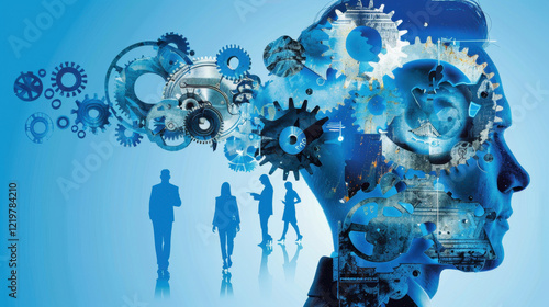 conceptual image depicting human head filled with gears and machinery, symbolizing innovation and creativity in business. Silhouettes of professionals are in background