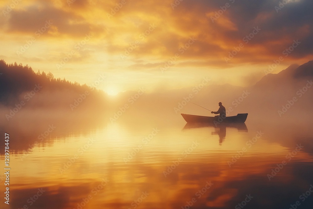 A fisherman casting his line into the still waters of a lake at the break of dawn A fisherman casting his line into the still waters of a lake at the break of dawn
