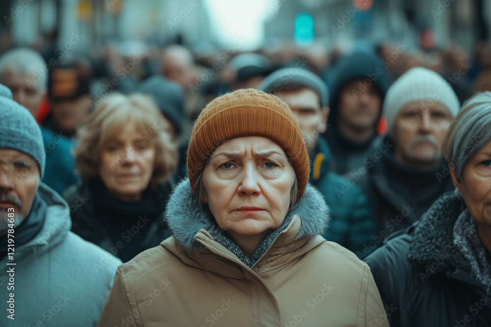 Grumpy woman among strangers in a crowded place Grumpy woman among strangers in a crowded place
