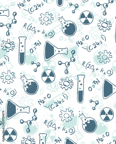 Seamless doodle pattern of science icons including test tubes and molecules
