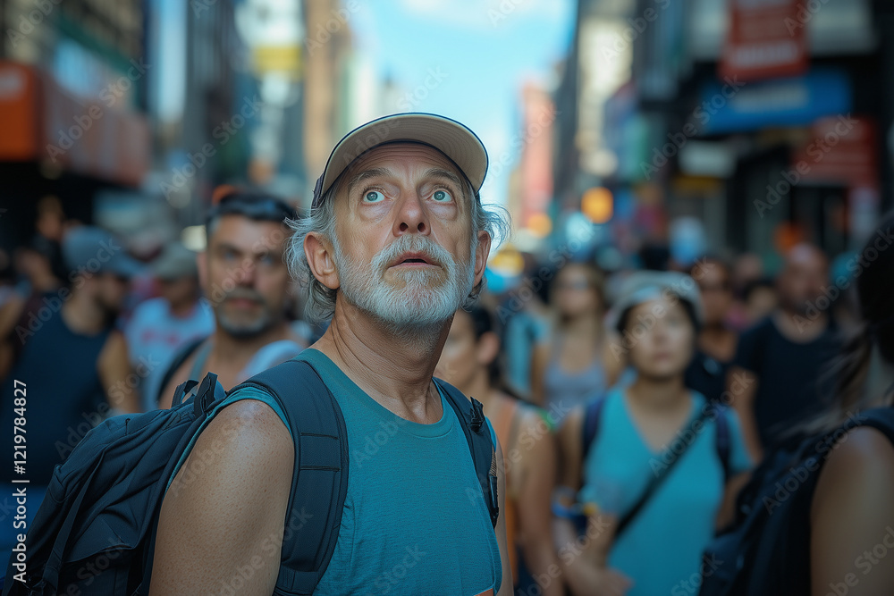 Frustrated city dweller in a crowded urban scene Frustrated city dweller in a crowded urban scene