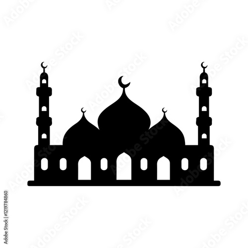 Black Mosque Silhouette with Two Minarets and Crescent Moon Ideal for Eid Celebration Decor and Islamic Art. Islamic Mosque icon vector art