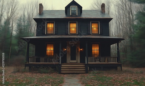 Enigmatic Dark House: Warm Lights in a Misty Forest Setting