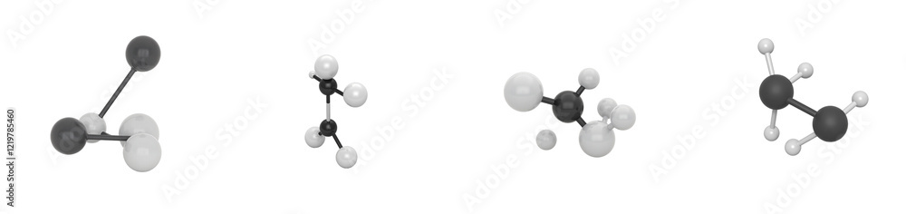 3D render of ethane molecule with black and white spheres on white backdrop, cut out collection pack 3D render of ethane molecule with black and white spheres on white backdrop, cut out collection pack