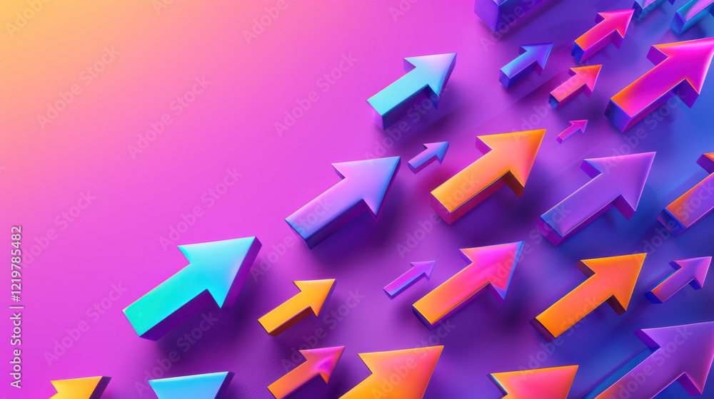 Colorful 3D arrows pointing upward on vibrant purple background, symbolizing growth and progress. dynamic design creates energetic and optimistic atmosphere Colorful 3D arrows pointing upward on vibrant purple background, symbolizing growth and progress. dynamic design creates energetic and optimistic atmosphere