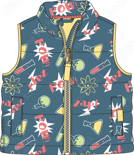 Navy sleeveless puffer vest for toddlers with space rocket print and playful pattern
