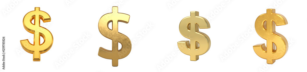 Fototapeta premium Shiny 3D golden dollar sign on white, cut out collection pack