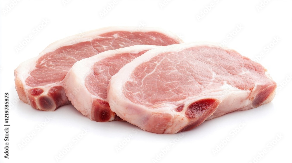 Fresh pork chops arranged on a white background, showcasing their marbled texture and natural color, perfect for grilling or roasting at a home kitchen Fresh pork chops arranged on a white background, showcasing their marbled texture and natural color, perfect for grilling or roasting at a home kitchen