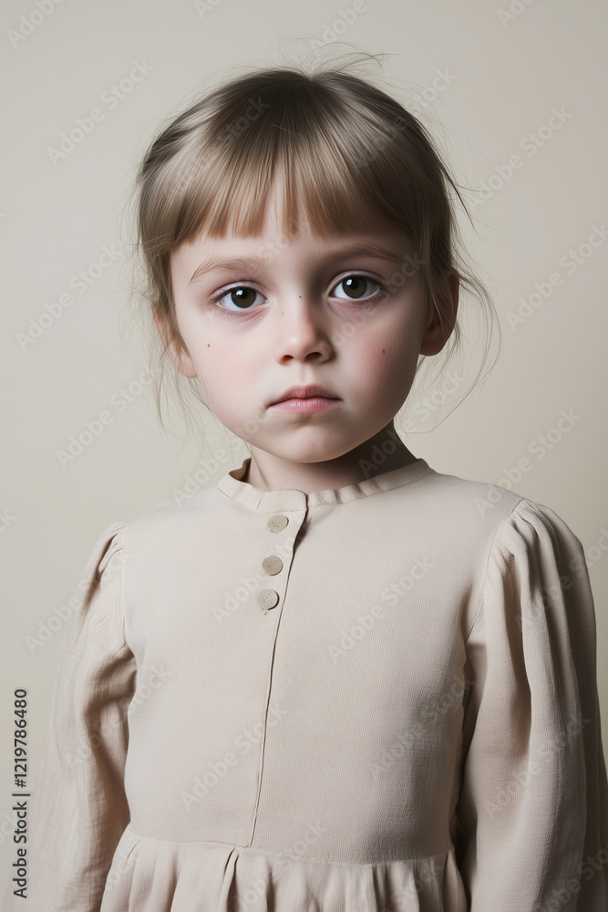 Portrait of a young caucasian girl wearing beige coloured clothing with natural fabrics. Concept of a sad beige child with elements from Pantone's 2025 colour of the year, Mocha Mousse Portrait of a young caucasian girl wearing beige coloured clothing with natural fabrics. Concept of a sad beige child with elements from Pantone's 2025 colour of the year, Mocha Mousse