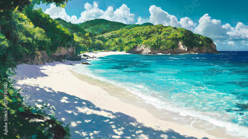 Wallpaper Mural A picturesque cove with white sand, turquoise water, and lush greenery. Shadow Cove. Illustration Torontodigital.ca
