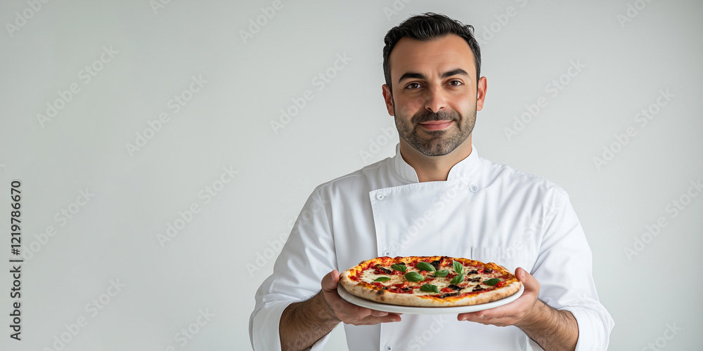 Italian chef showcasing pizza Italian chef showcasing pizza