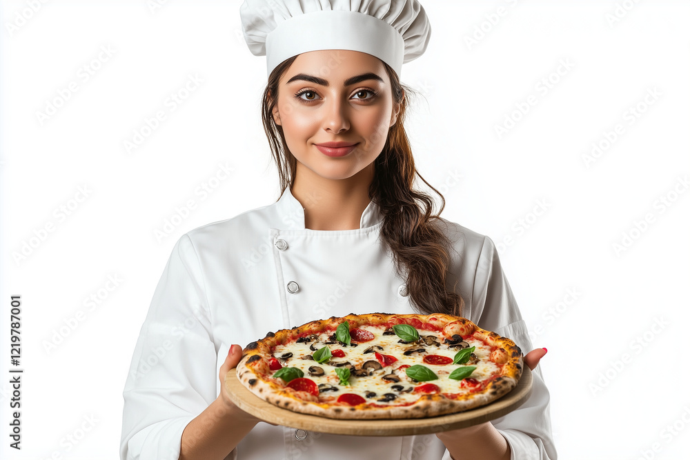 Woman in chef uniform showcasing a fresh pizza Woman in chef uniform showcasing a fresh pizza