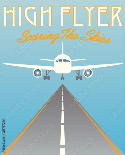 Airplane taking off from runway with High Flyer typography in vector graphic for children’s design
