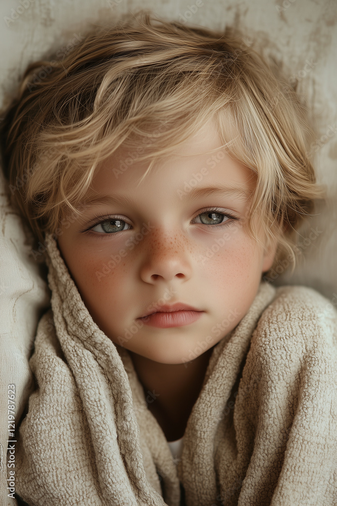 Portrait of a young caucasian boy wearing beige coloured clothing with natural fabrics. Concept of a sad beige child with elements from Pantone's 2025 colour of the year, Mocha Mousse Portrait of a young caucasian boy wearing beige coloured clothing with natural fabrics. Concept of a sad beige child with elements from Pantone's 2025 colour of the year, Mocha Mousse