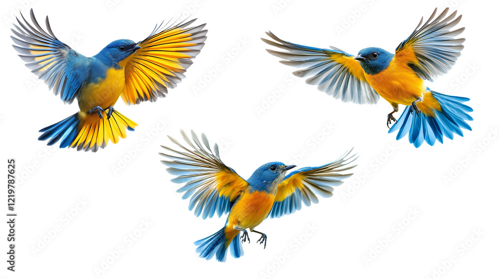 Naklejka premium Set of flying blue and yellow birds isolated on white, cut out