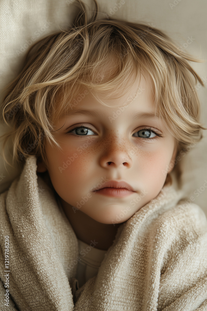 Portrait of a young caucasian boy wearing beige coloured clothing with natural fabrics. Concept of a sad beige child with elements from Pantone's 2025 colour of the year, Mocha Mousse Portrait of a young caucasian boy wearing beige coloured clothing with natural fabrics. Concept of a sad beige child with elements from Pantone's 2025 colour of the year, Mocha Mousse