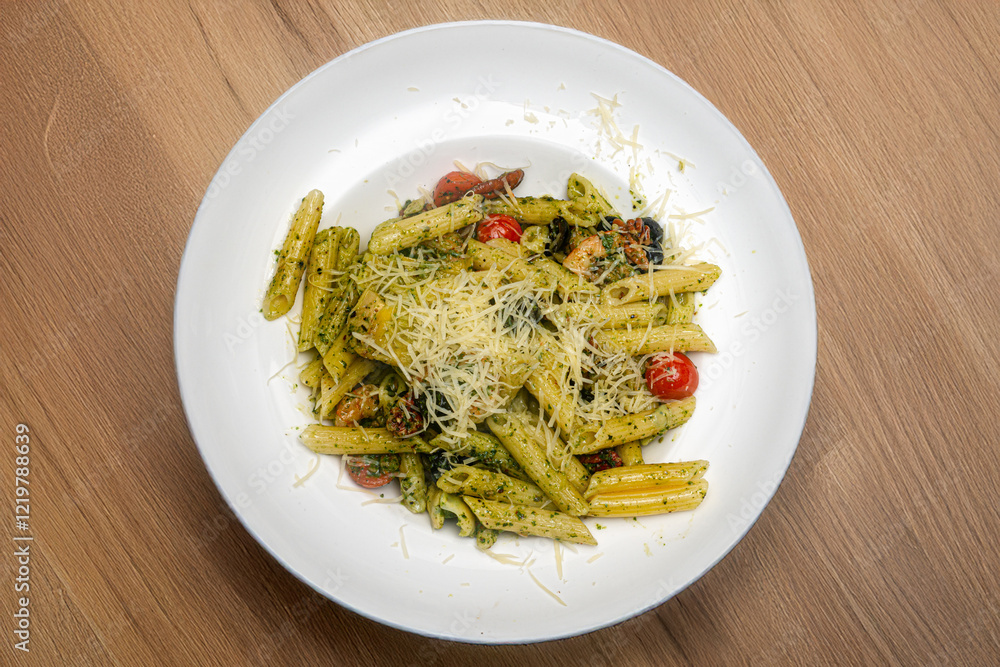 Fusilli al pesto dish with black background Fusilli al pesto dish with black background