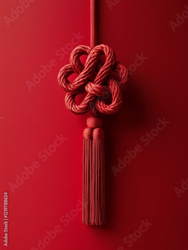 Close-up of an intricate Chinese red knot with tassels, symbolizing prosperity and good fortune, set against a red background.
 photo