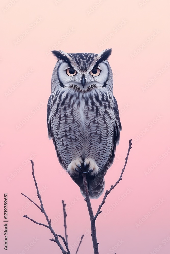 Obraz premium Great grey owl perched on bare branch, pink sky.