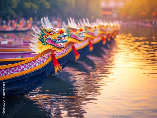 Colorful Dragon Boats on Reflective Water at Sunset
 photo