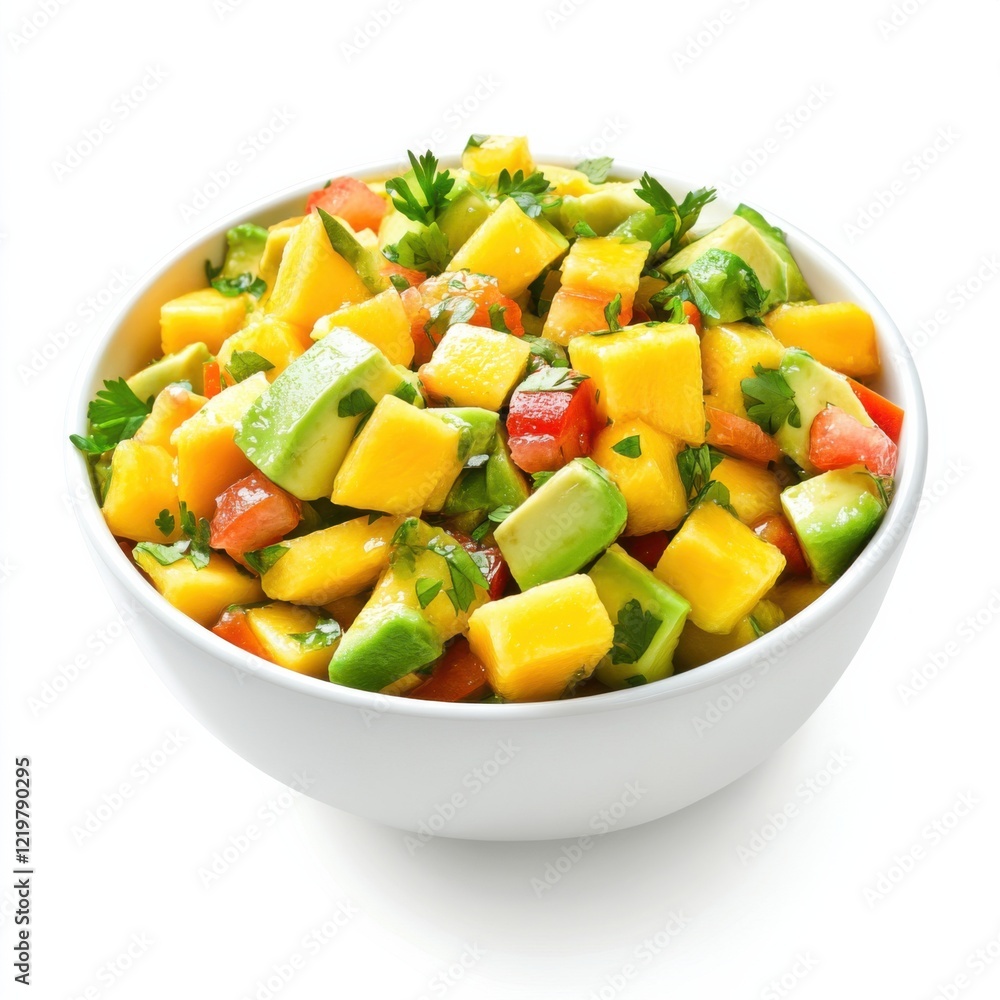 A refreshing mango and avocado salsa, isolated white background, abstract art style A refreshing mango and avocado salsa, isolated white background, abstract art style