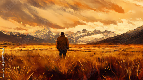 Mysterious stranger on the windswept patagonian horizon. Amber Horizon. Illustration photo