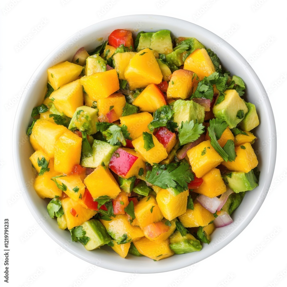 A refreshing mango and avocado salsa with cilantro garnish, isolated white background, minimalistic art style A refreshing mango and avocado salsa with cilantro garnish, isolated white background, minimalistic art style