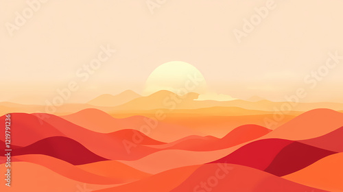 Soft pinks and blushing peaches tint the sky as a burning orange-yellow sun dips behind clouds, landscape, horizon. Amber Horizon. Illustration photo