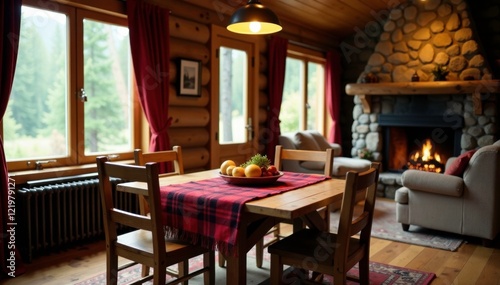 Cozy mountain lodge dining area with a red flannel blanket draped over the table  dining  inviting  rustic