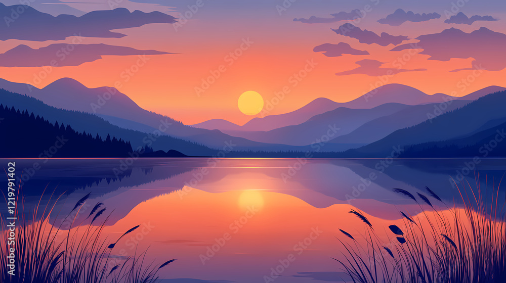 Sunset over a calm lake with reflections of the sky and distant mountains, tranquil and peaceful landscape scene. Amber Horizon. Illustration Sunset over a calm lake with reflections of the sky and distant mountains, tranquil and peaceful landscape scene. Amber Horizon. Illustration