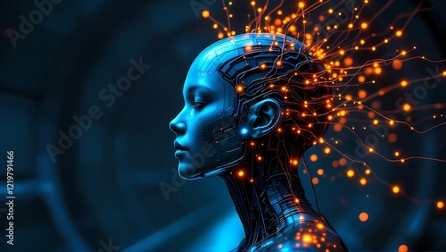 A Captivating Cyborg Portrait Showcasing a Glowing Neural Network and Intense Lighting, Symbolizing the Future of AI photo