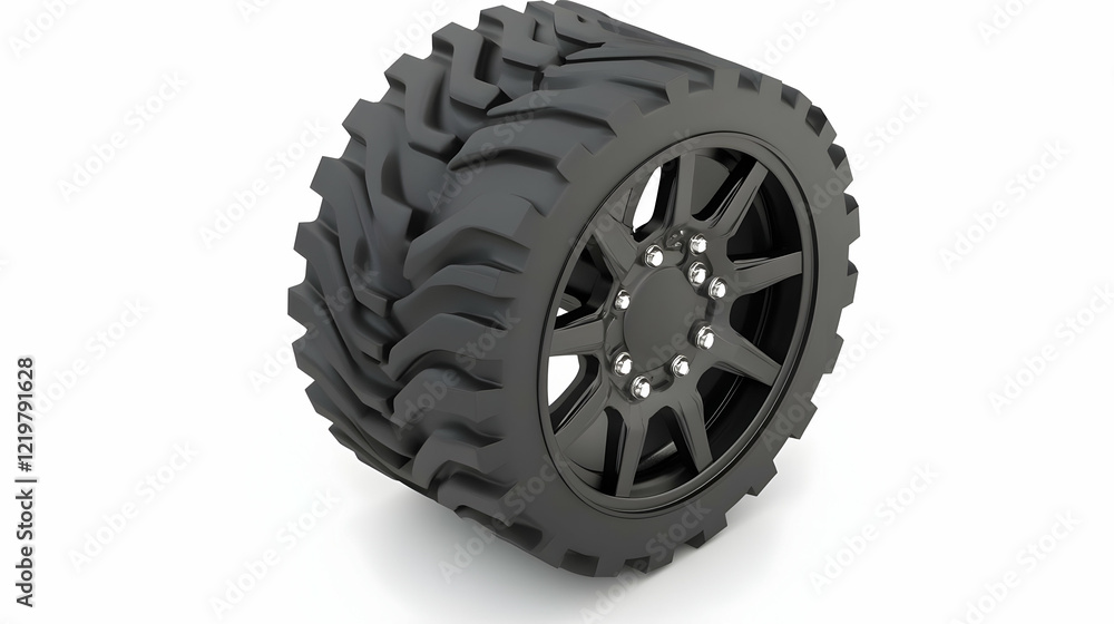 Black off-road tire and rim on white Black off-road tire and rim on white