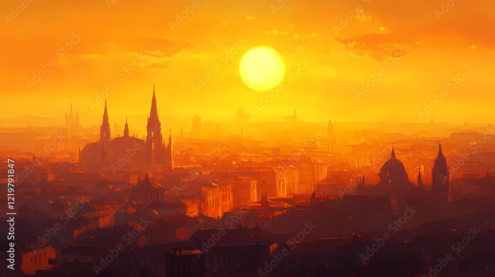 Naklejka premium Vibrant cityscape bathed in warm orange-yellow hues as a brilliant sun sets over the horizon. Amber Horizon. Illustration