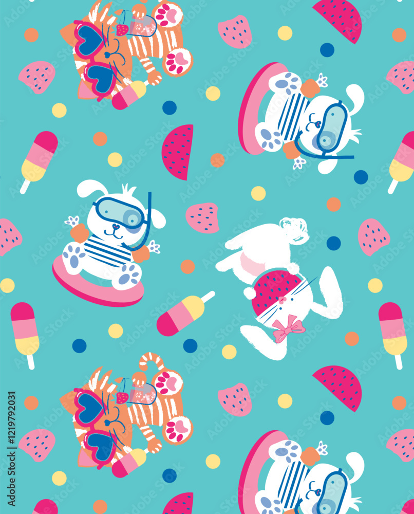 Seamless Pattern of Cute Animals in Summer Vacation Theme
Seamless Pattern of Cute Animals in Summer Vacation Theme
