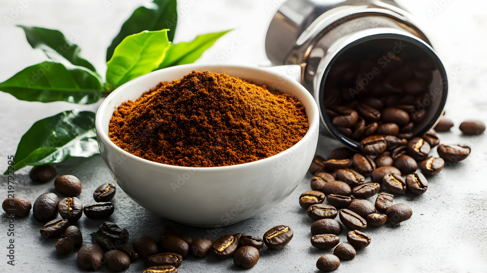 Ground coffee, beans, leaves; brewing preparation Ground coffee, beans, leaves; brewing preparation