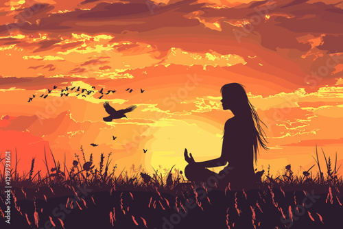 Woman Praying with Free Bird at Sunset by Home Window