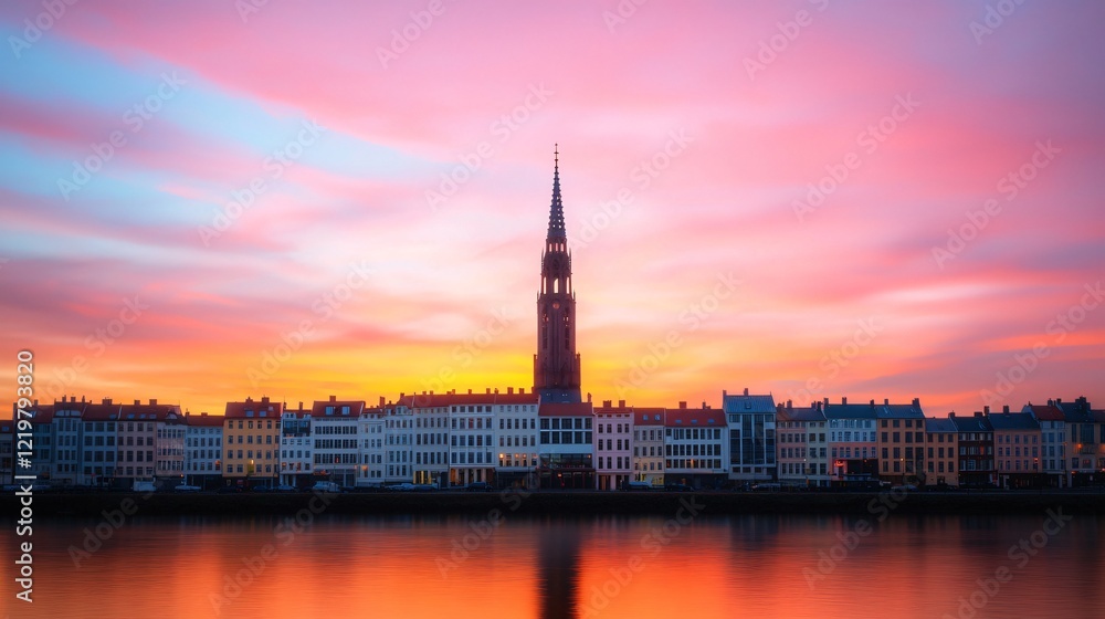 Sunset over colorful city skyline, church spire, calm river. Use Travel brochure Sunset over colorful city skyline, church spire, calm river. Use Travel brochure