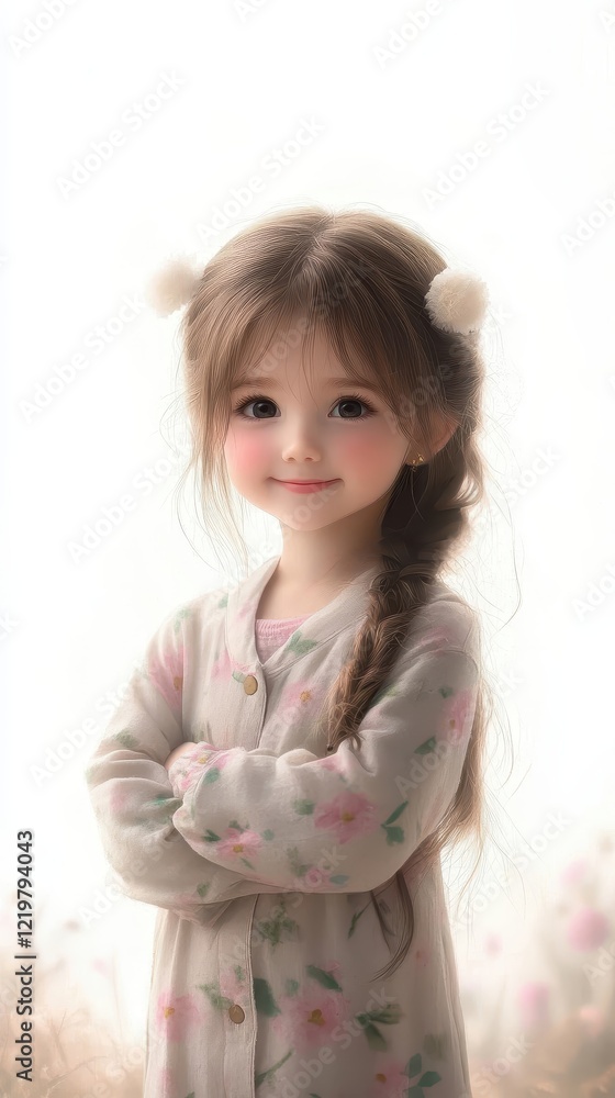 A charming girl with a playful smile, dressed in a floral-patterned outfit. A charming girl with a playful smile, dressed in a floral-patterned outfit.