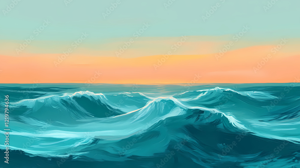 A serene and tranquil view of the ocean at dusk, showcasing gentle waves under a soft gradient sky, with shades of teal and amber meeting at the horizon. Amber Horizon. Illustration