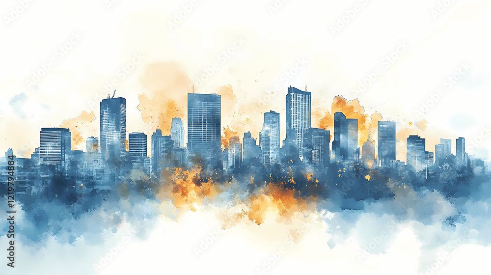 Fototapeta premium A vibrant watercolor city skyline in blue and gold tones, depicting modern buildings against a light background. Amber Horizon. Illustration